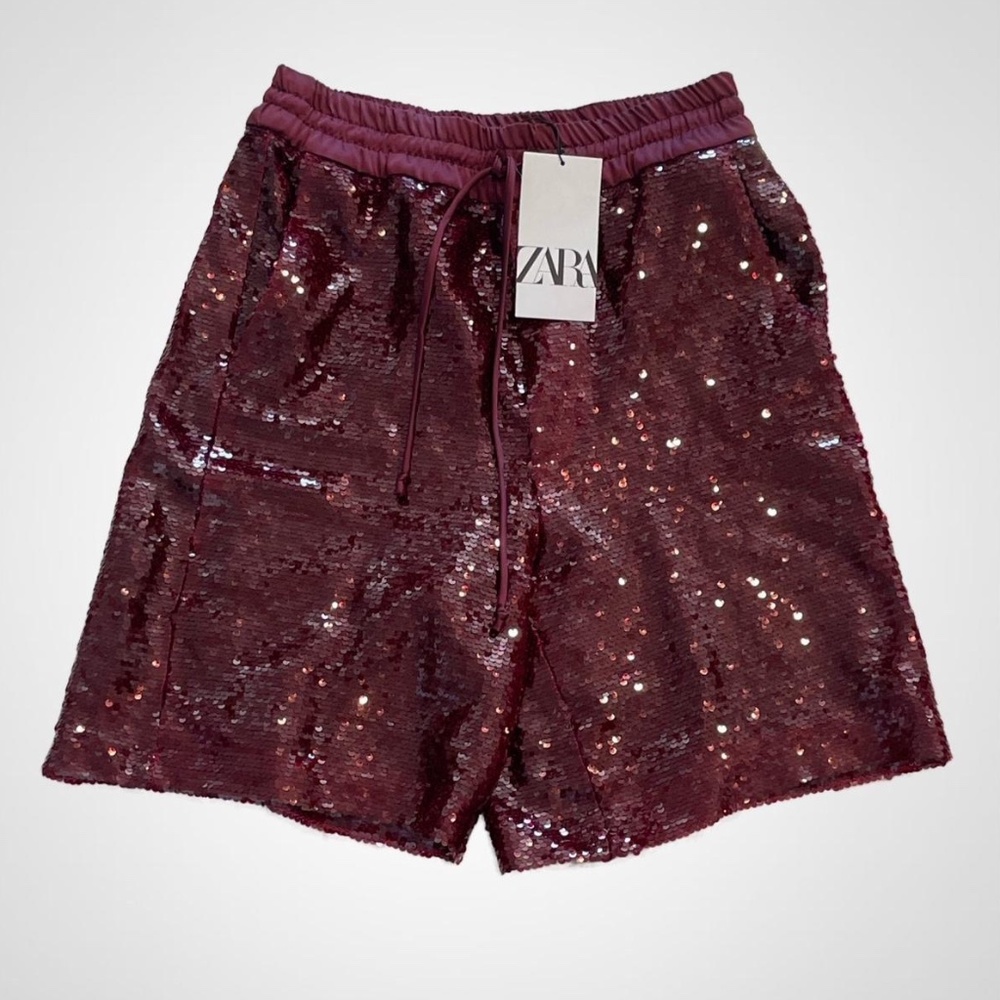 ZARA BERMUDA STYLE SEQUIN SHORTS IN STUNNING BURGUNDY